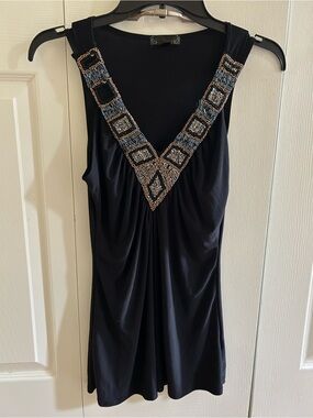 mandee Black Tank Top with Beaded V-Neck